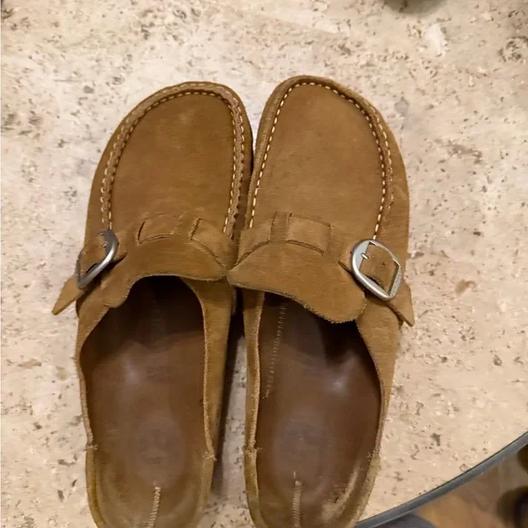 Birkenstock Suede Mule Clogs in Chestnut Brown with Silver Buckle - Picture 4 of 5